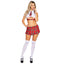Model wears a Roma 2 piece naughty school girl costume that features cropped top with tie and low waist pleated mini skirt. 