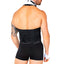 Close up back shot of male model wearing a 4 piece butler beefcake costume that showcases open back and tight black shorts.