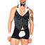 Close up of male model wearing Roma 4 piece butler beefcake costume in black and white.