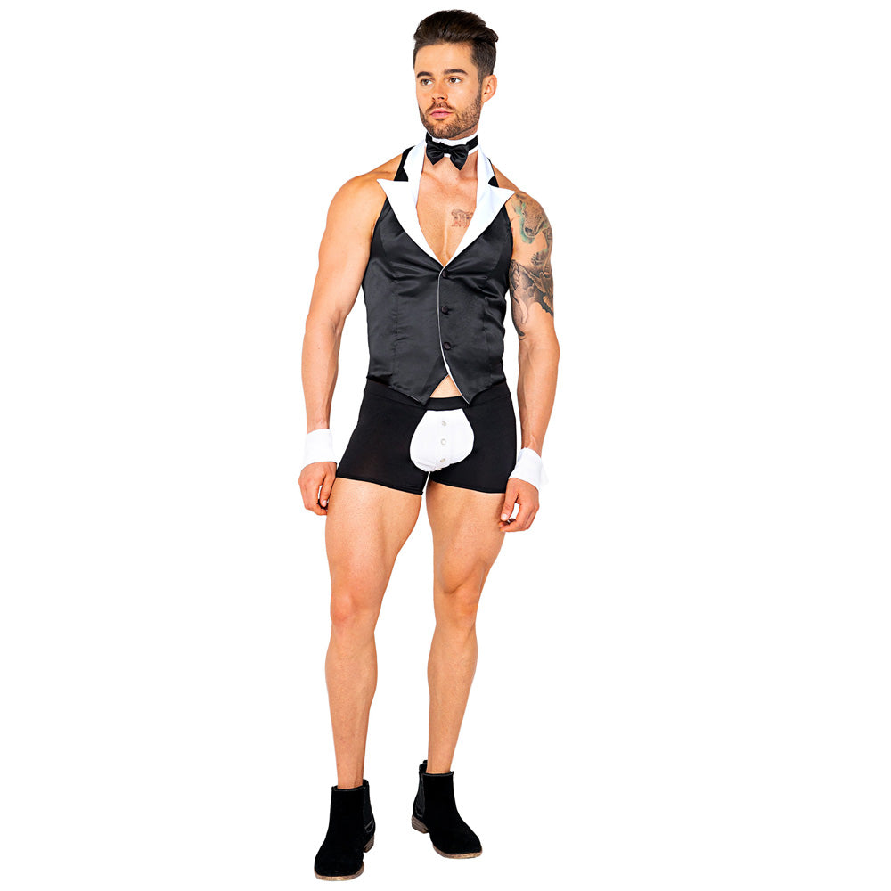 Male model wears Roma 4 piece butler beefcake costume that includes a tuxedo-style vest and attached bowtie.