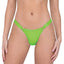 A model wears a pair of neon green high shine vinyl thong bottoms with adjustable side straps.