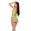A back shot of a model wearing a fluorescent green teddy that showcases halter neck back and dual swan hook closure.