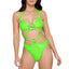 Close up of model wearing Roma vinyl criss-cross cupless cage halter teddy in fluorescent green.