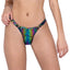 A model wears a pair of iridescent rainbow coloured thong bikini bottoms in a high-shine vinyl.