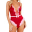 Close up of model wearing a satin one piece red teddy with wire-free V-neck, criss-cross detail surrounded by scalloped lace.