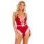 A model wears a satin one piece red teddy with waist bow detail and marabou trim around leg holes.