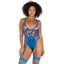 A model wears a satin blue teddy with sheer polka dot mesh at your sides and rear.