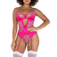 Model wears Roma floral gartered cutout bustier and g-string lingerie satin and sheer mesh set in pink.