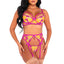 A model wears a three piece embroidered lace & mesh lingerie set in pink and yellow with underwired balconette cups.