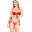 A model wears a matching red 2-piece lingerie set with 'Naughty & Nice' embroidered on the thong's sheer tulle front panel.