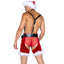 A topless male model wears a sexy Saint Nick costume in red and black with harness-like suspenders and backless chaps.