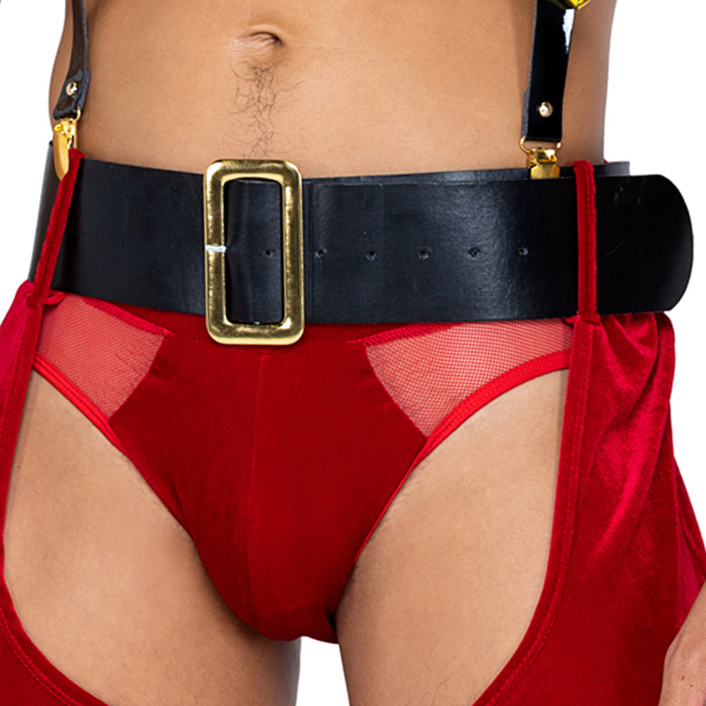 Close up view of a male model wearing a wide black belt with a gold buckle, suspenders, and red mesh and velvet briefs.