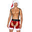 A shirtless male model wears a sexy Saint Nicholas Christmas costume with stretch velvet chaps and faux fur leg trim.