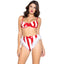 A model wears a red and white candy stripe lingerie set with underwired demi cups and bow ties at the cleavage and navel.