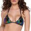 A model wears a high shine rainbow effect triangle bikini top with adjustable tie-up closures.