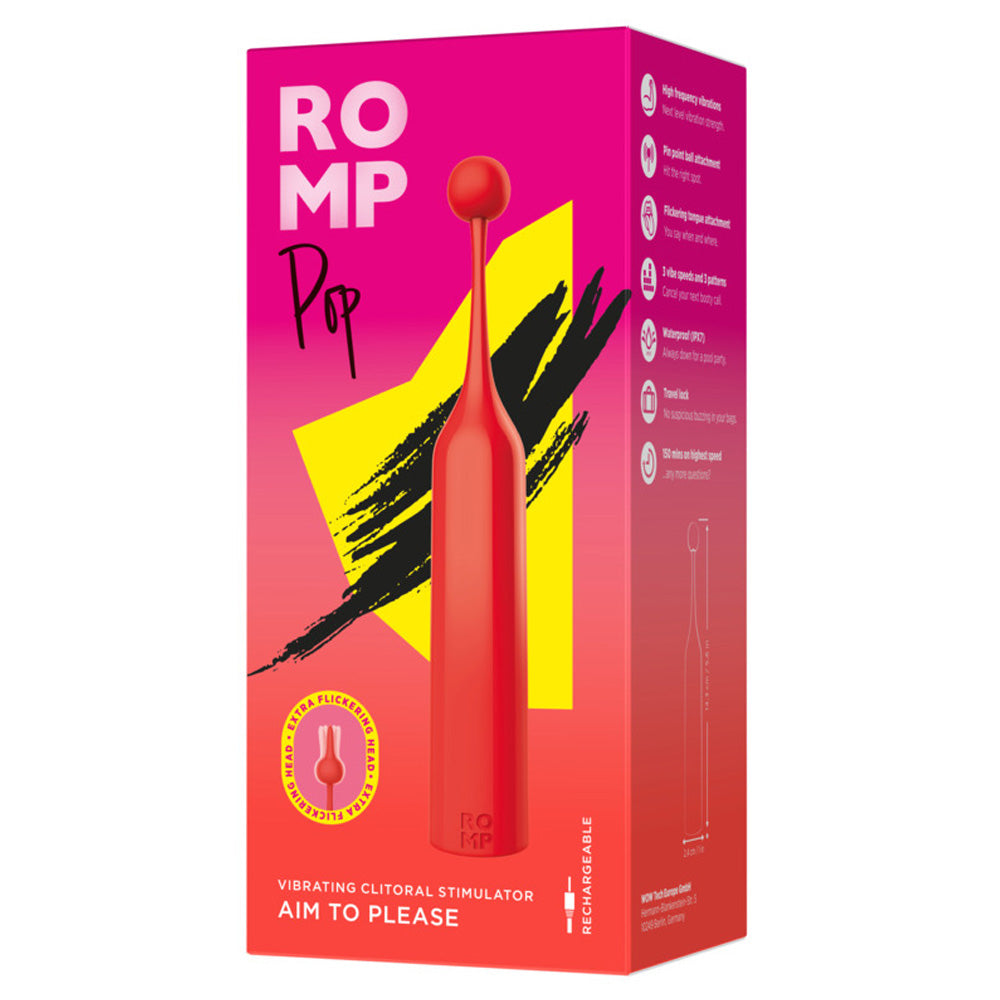 A Romp Pop box sits against a white backdrop with a red, wand-shaped vibrator on it with a sphere-shaped attachment.