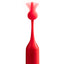 A movement shot of a red clitoral vibrator by Romp, showing its paddle-shaped attachment blurred with back-and-forth motion.