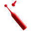 A red, cylindrical clitoral vibrator has its spherical attachment in place and stands next to its paddle attachment.