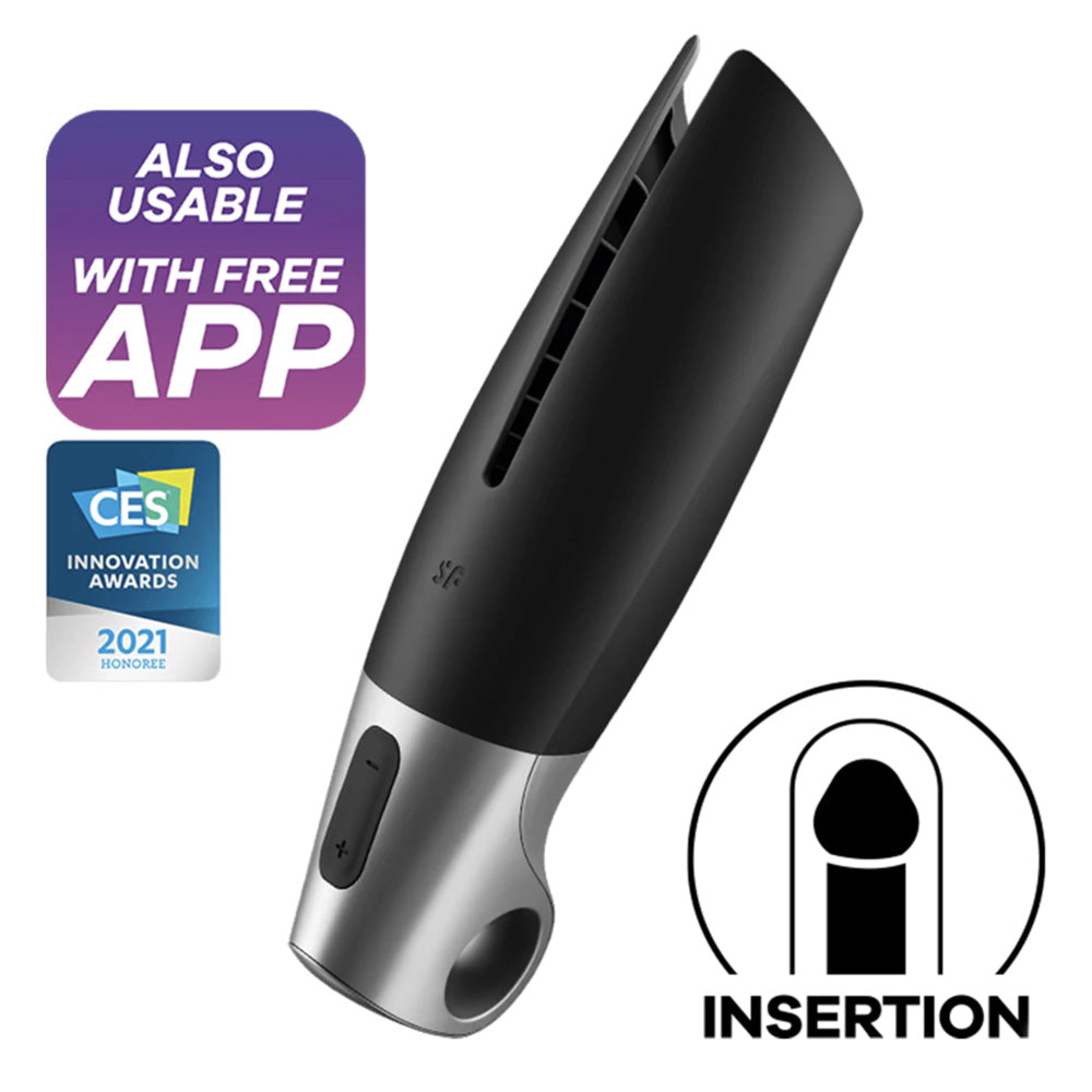 A men's sex toy masturbator by Satisfyer with black silicone wings and a looped handle next to a label featuring app usage.