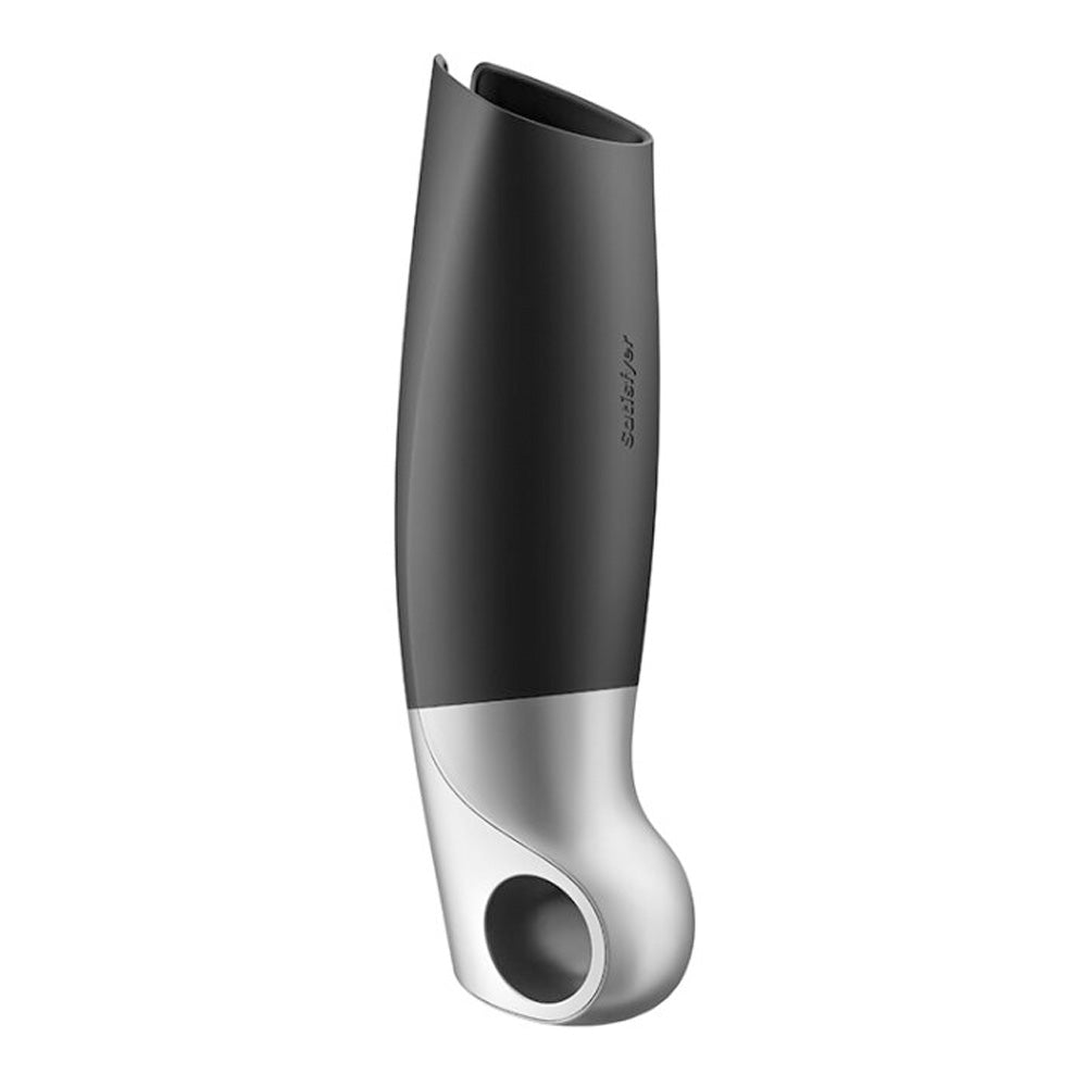 Back side view of men's sex toy by Satisfyer features a metallic ergonomic looped handle 