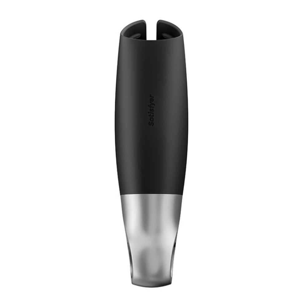 Back view of men's sex toy by Satisfyer with black silicone wings showcases silver metallic base.