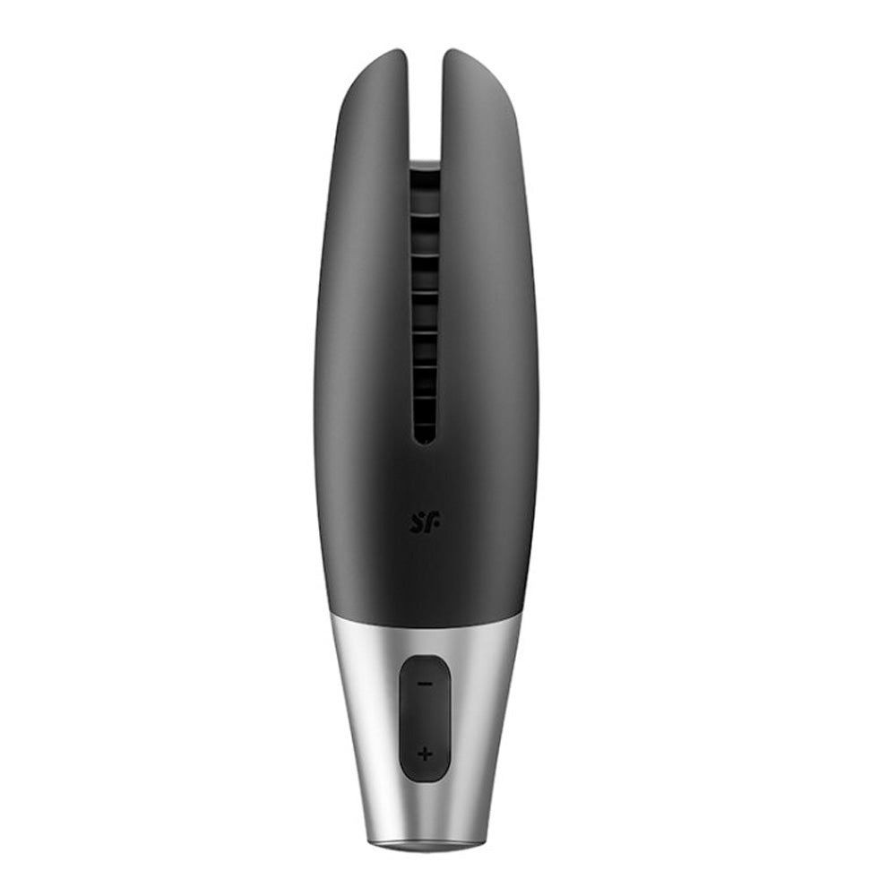 A men's sex toy by Satisfyer with black silicone wings shows ribbed  texture inside and control buttons.