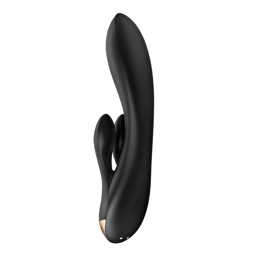 A black rabbit vibrator by adult toy brand Satisfyer shows its double magnetic charging points at the back of the toy.