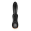 Front view of a black rabbit vibrator by sex toy brand Satisfyer shows its bunny-style ears and control buttons.