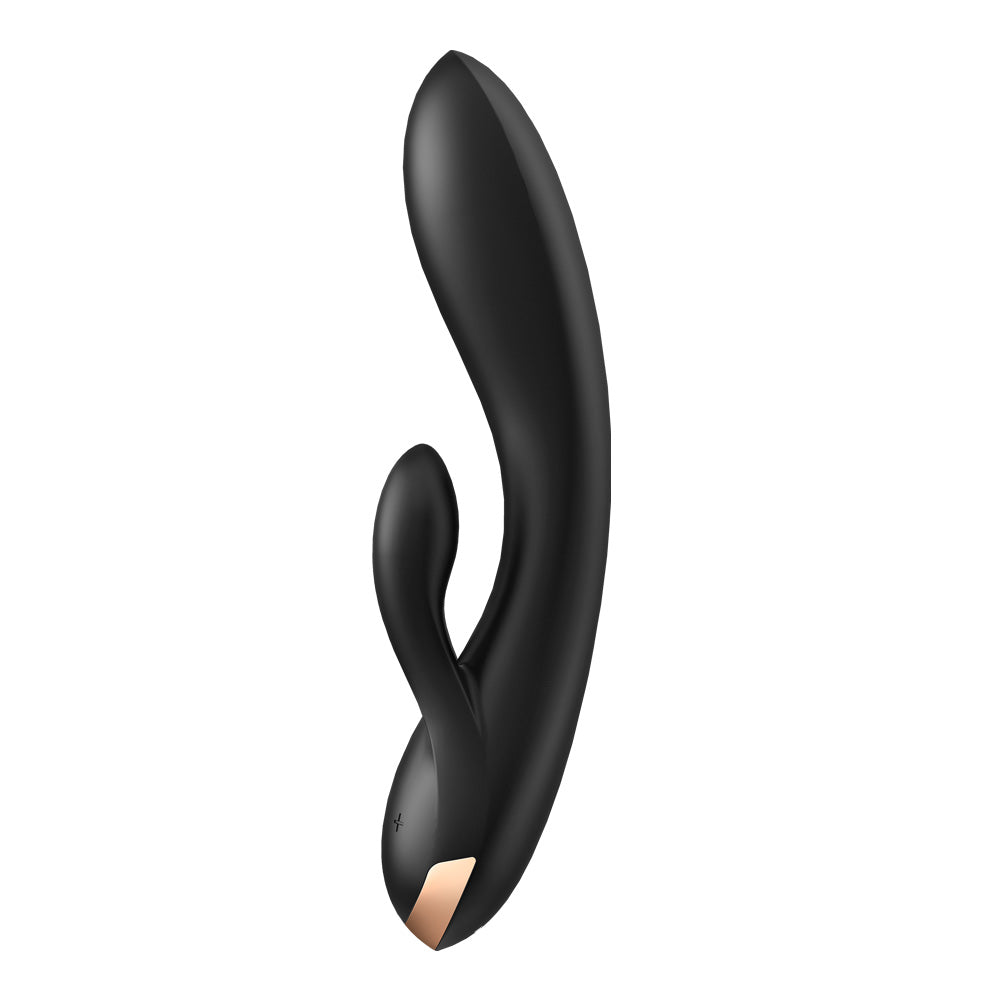 Side view of a black rabbit vibrator by adult toy brand Satisfyer, showing a smooth silicone body and gold metallic base.