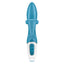 Front view of blue and white clitoral touch rabbit vibrator shows its tapered flexible bulbous shaft and power buttons.
