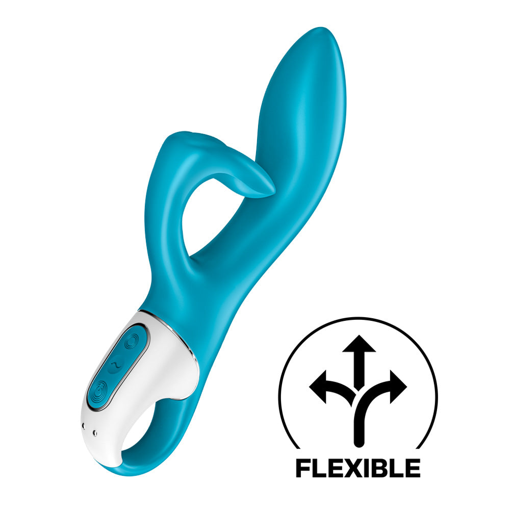 A rabbit vibrator by sex toy brand Satisfyer shows its triple pronged clitoral stimulator next to label saying flexibility.