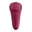 A magenta panty vibrator by popular sex toy brand Satisfyer shows its power button and double point magnetic charging port. 