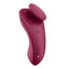 A magenta external panty vibrator by sex toy brand Satisfyer showcases removable magnetic clip.  