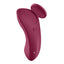 A magenta panty vibrator by popular sex toy brand Satisfyer shows its removable magnetic clip seperate from the toy.
