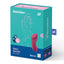 An external magenta panty vibrator sits in its packaging by popular sex toy brand Satisfyer.