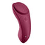 Side view of magenta panty vibrator by popular sex toy brand Satisfyer showcases its flexible contoured shape.