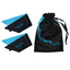 Two black and blue satin sash restraints sit next to a silk storage pouch with the words sexy fun embroided on them. 