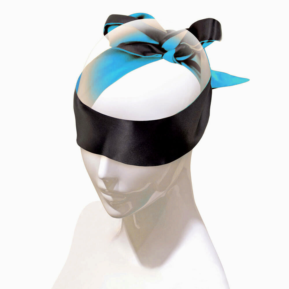 A mannequin is blindfolded with a blue and black satin sash restraint. 