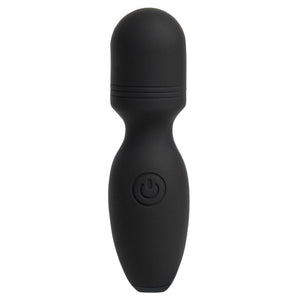 A black mini wand silicone vibrator stands against a white backdrop with one power button on the front body. 