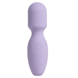 A purple mini wand silicone vibrator stands against a white backdrop with one power button on the front body.