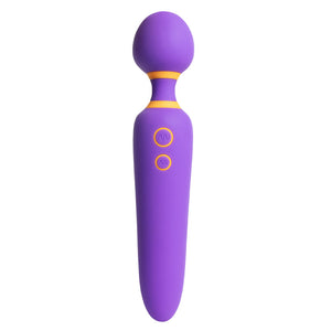 A double ended purple and orange wand vibrator with a bulbous head stands against a white backdrop. 
