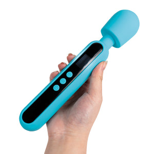A hand model holds a blue wand vibrator with LED screen featuring a bulbous head.