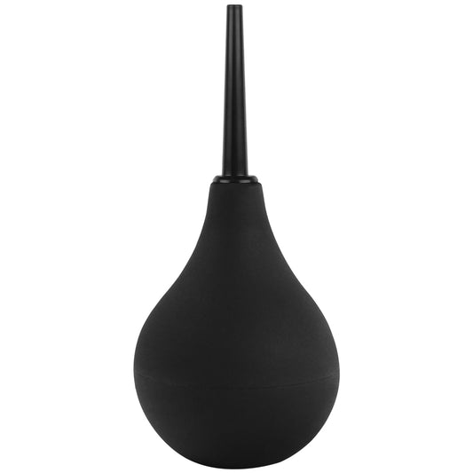 A black anal douche sits on a white backdrop featuring a firm narrow nozzle. 
