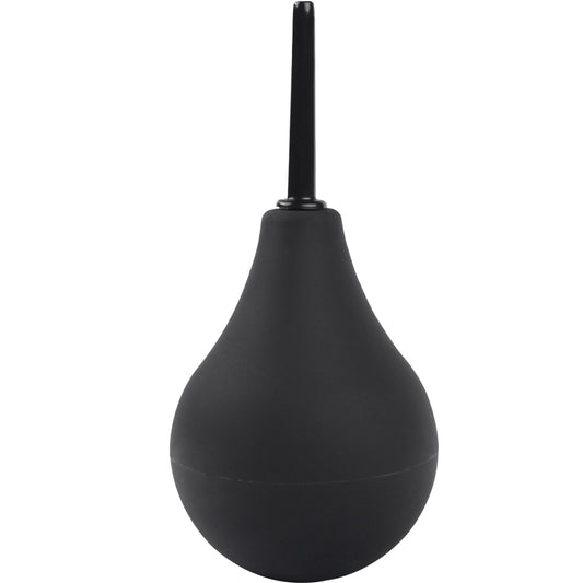 A large black anal douche sits on a white backdrop featuring a firm narrow nozzle. 