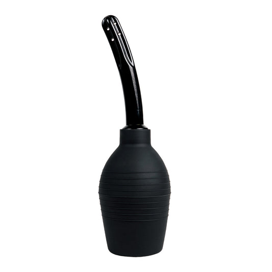 A black cleansing anal douche stands on a white backdrop with an easy-squeeze bulb.
