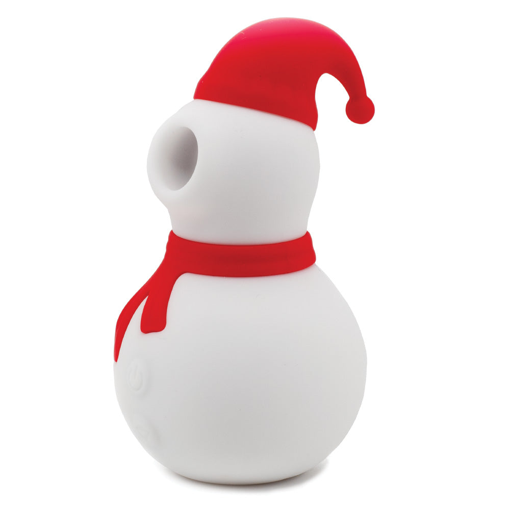 A Christmas-themed clitoral suction massager that looks like a snowman with a red hat and scarf stands on a white backdrop.