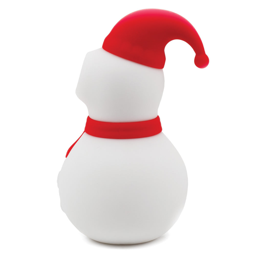 Side view of a snowman-shaped clitoral suction massager, showcasing its ability to stand on its own with a flat base.