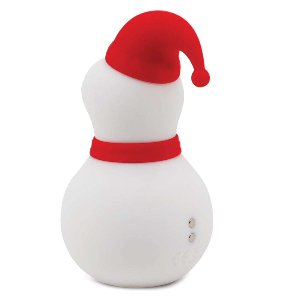 Back view of a Christmas-themed snowman-shaped clitoral suction massager, showcasing two magnetic charging points.