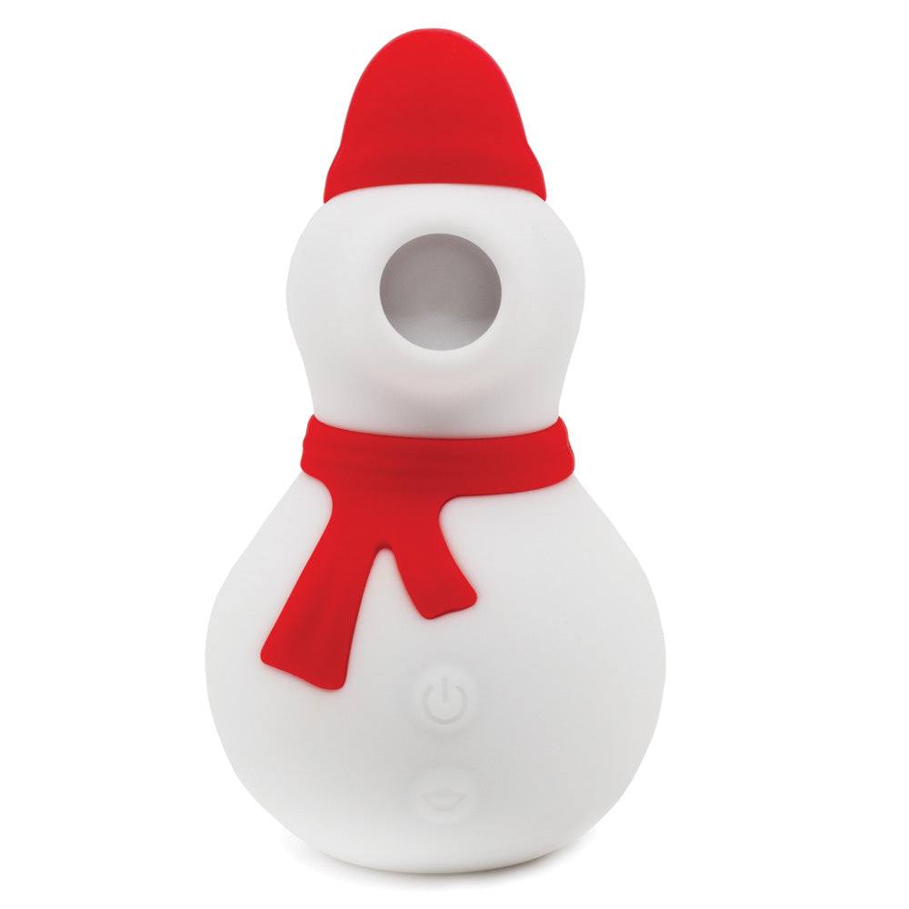 The front of a snowman-shaped clitoral sex toy shows a hollow suction chamber in the face and 2 control buttons on the body.