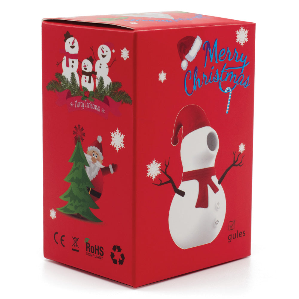 A Christmas-themed red box featuring a snowman-shaped clitoral suction massager stands against a plain white backdrop.